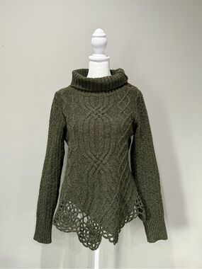 Anthropologie Moth Green Wool Knit Cabled Pathways Pullover Sweater